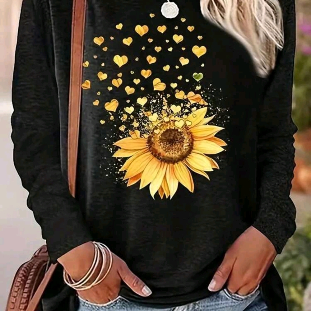 SHEIN Black Long-Sleeve Sunflower and Heart Graphic Top